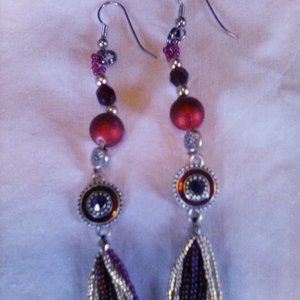 Hand Crafted  Red w Silver n Black Bead Earrings